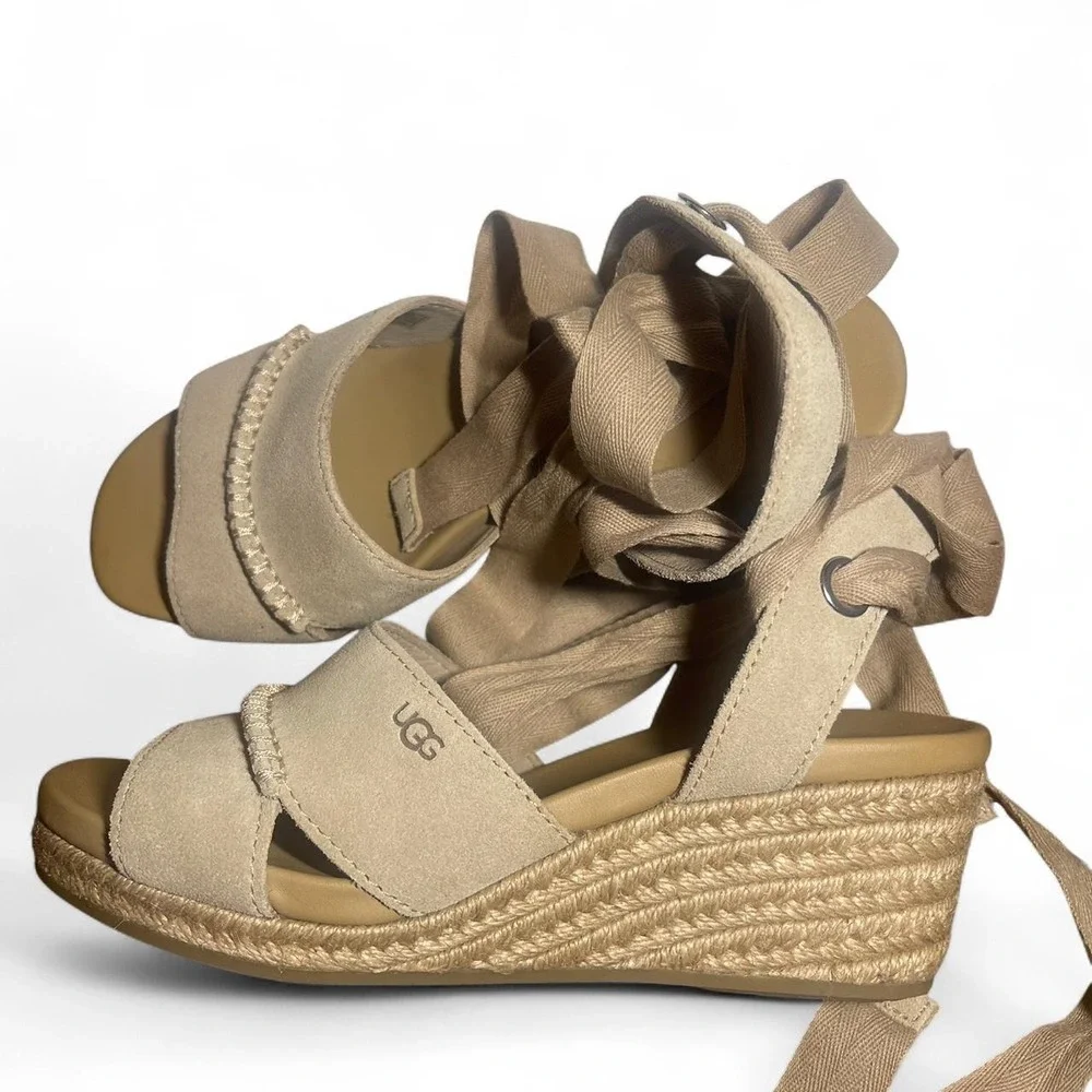 UGG Yarrow Suede Espadrille Wedge Sandals Tan Ankle Tie 1107957 Womens